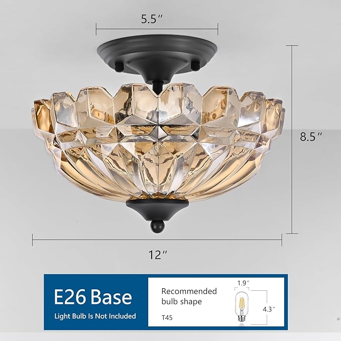 Semi Flush Mount Ceiling Light, 3-Light Kitchen Ceiling Lighting Fixtures with Amber Glass Lampshade, Gold Modern Chandelier for Living Room Bedroom Hallway