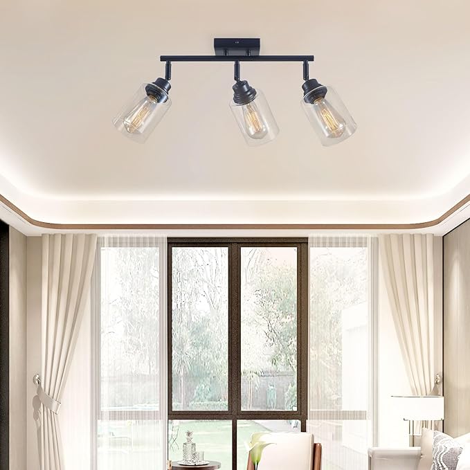 Modern 3-Light Track Lighting Fixtures Ceiling, Light Fixtures Ceiling Mount with Clear Glass Shades, Matte Black Kitchen Ceiling Light Fixtures for Bedroom, Living Room & E26 Base