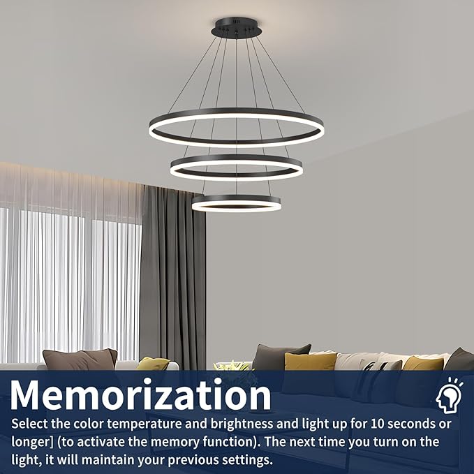 Black LED Modern Chandelier, 3 Ring Circular Dimmable Pendant Light for Kitchen Island, Living Room, Adjustable 3000K-6500K Ceiling Lamp, Above Dining Room Table Hanging Lights for Entryway Foyer