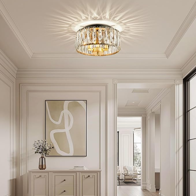 K9 Crystal Ceiling Light, 3-Light Modern Flush Mount Ceiling Light Fixture for Living Room, Dinning Room Hallway, D12 × H6 inch, Black & Gold Finish Frame & K9 Crystal