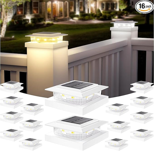 APONUO Solar Post Cap Lights for 4x4 5x5 Fence Posts, IP64 Waterproof Outdoor LED Deck Lights with 2 Modes (Warm White & Cool White), Auto On/Off Dusk to Dawn, Easy Install, White, 16 Pack