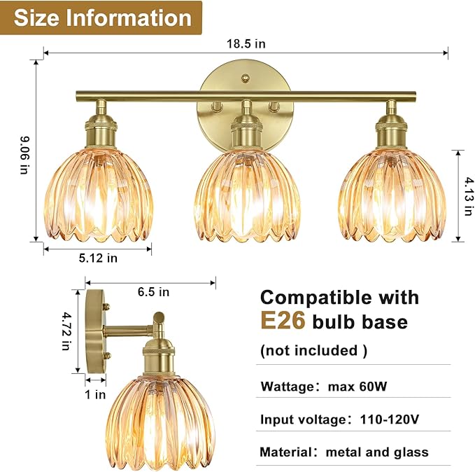 Vintage Bathroom Light Fixtures,3-Light Hardwired Vanity Lights with Amber Tulip Glass Shade,Gold Bathroom Vanity Light for Mirror Restroom,E26 Socket,18.5 in(Bulbs Not Included)