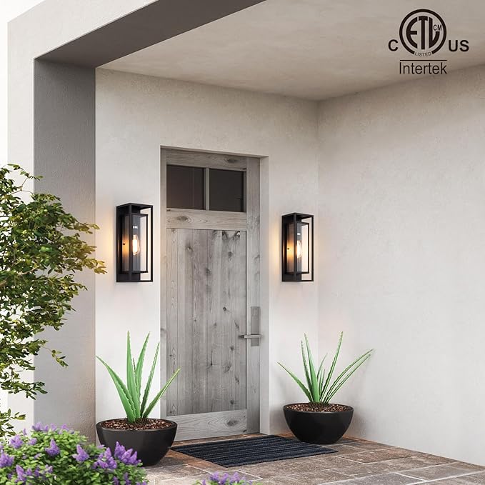 mirrea 18" Classic Outdoor Wall Sconce 1 Light in Matte Black Rectangular Metal Frame and Clear Glass Shade Waterproof Porch Light Patio Light Pack of 2