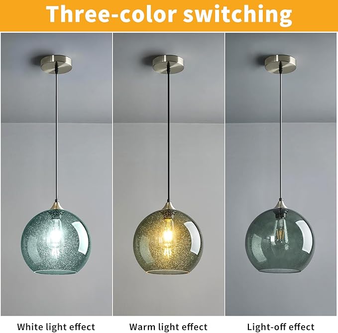 Mikeru Glass Globe Pendant Light Single, 9.85 Inch Gray Green Bubble Glass Hanging Lamp, Mid Century Modern Pendant Lighting for Kitchen Island Dining Room Bedroom (Bulb Not Included)
