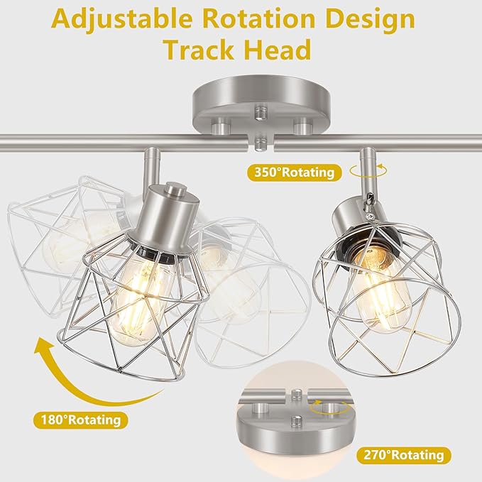 4-Light Kitchen Lighting Fixtures, Adjustable Multi-Directional Brushed Nickel Track Ceiling Light, Semi Flush Mount Ceiling Spotlight with Wire Cages for Living Room, Bedroom, Hallway