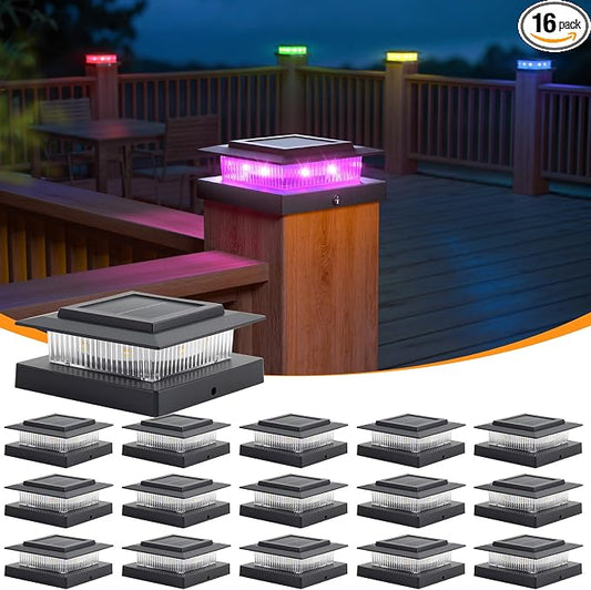 APONUO 16 Pack Solar Post Cap Lights RGB Color Changing - 8 Solid Colors & Flowing Multicolor, IP65 Waterproof for 4x4 Wood/Vinyl Posts, Auto On/Off Deck Fence Patio Garden Lighting, Black