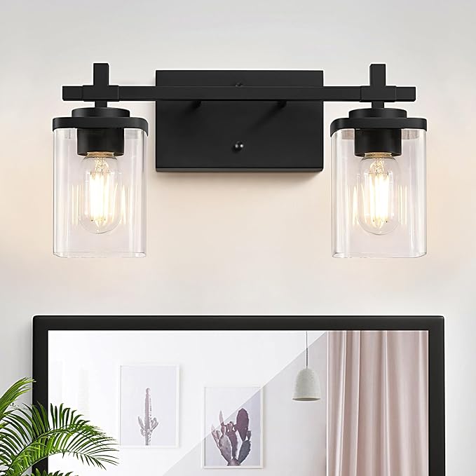 2-Lights Bathroom Vanity Lights, Matte Black Vanity Light Fixtures Over Mirror, Modern Wall Sconces with Clear Glass Shade, Wall Light Fixture for Bedroom Hallway Living Room