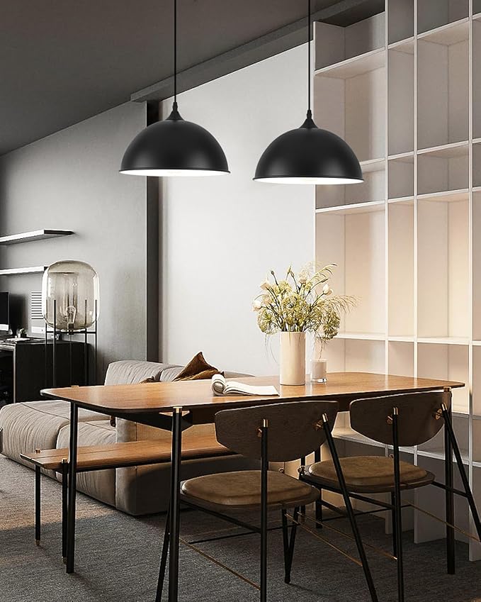 Black Pendant Lights Kitchen Island 2 Pack, 11.8" Farmhouse Dome Pendant Light, Adjustable Height Island Pendant Lights for Dining Room Bedroom