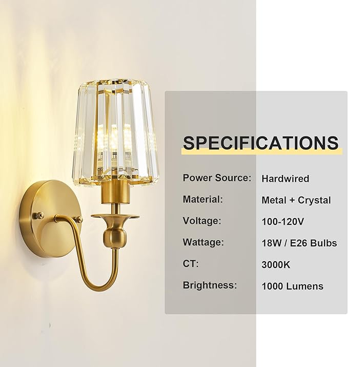 KARTOOSH Hardwired Crystal Wall Sconces Set of Two - Dimmable Wall Light Fixtures 3000K, Warm White, for Hallway, Bathroom, Living Room, Bedroom, Brass, 11.2 Inch