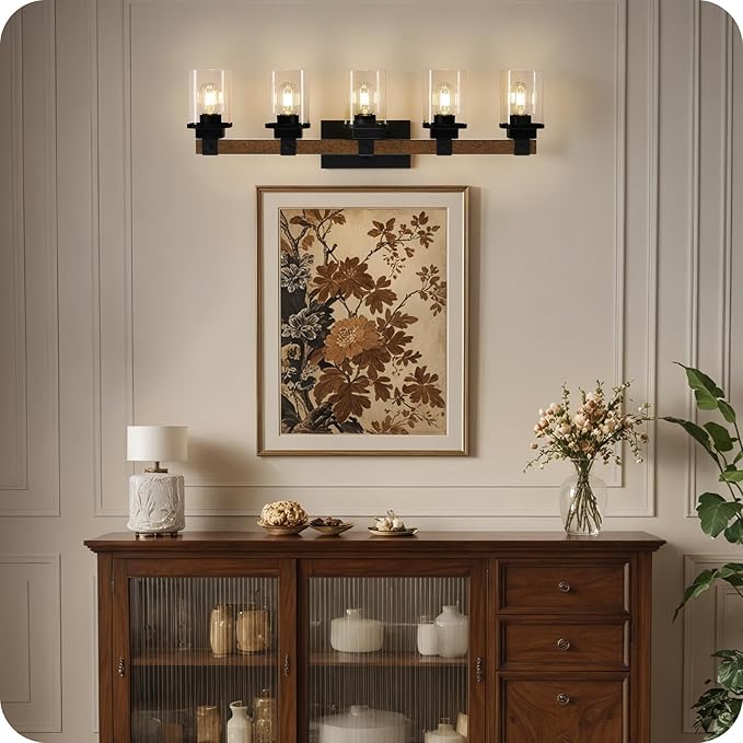 5-Light Bathroom Light Fixtures, Farmhouse Vanity Lights for Bathroom with Glass Square Shade, Rustic Vanity Lights, Sconce Wall Light, E26 Base (Bulbs Not Included), ETL Listed FS10BD05