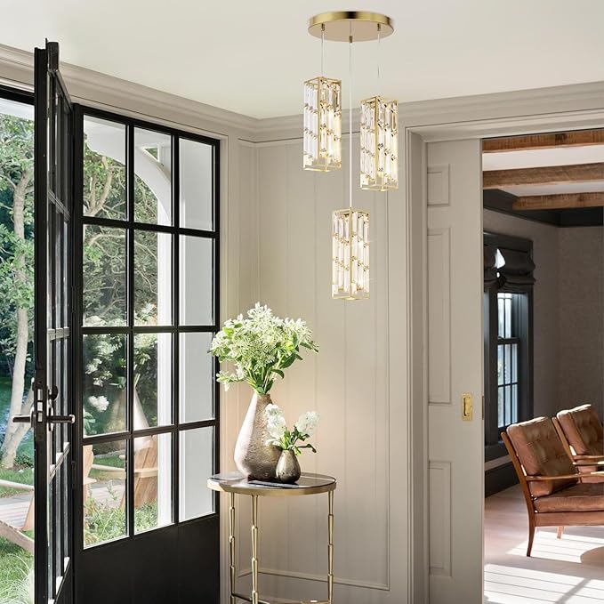 3-Light Brass Pendant Lights Modern Pendant Light Fixture, Mini Crystal Pendant Ceiling Light, Pendant Light for Kitchen Island, Dinning Room, Bedroom, Kitchen Sink Lighting (3 Lights)