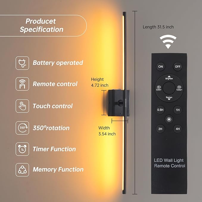 Shenmoyl Battery Operated Wall Sconce Set of 2, 5000mAh Rechargeable Wall Sconces with Detachable Battery, Indoor 350°Rotate Wall Lights for Bedroom Living Room, Black, 31.5 Inch