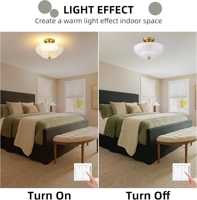 Semi Flush Mount Ceiling Light, 11.8 Inch Gold Vintage Hallway Light Fixture with Frosted Glass, Close to Ceiling Light for Bedroom Kitchen Living Room Bathroom Foyer, E26 Base