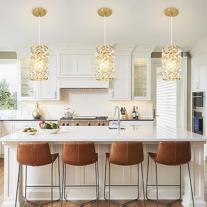 Gold Pendant Lights Kitchen Island, Mini Crystal Modern Kitchen Pendant Lighting Over Sink with 10.2" Clear Glass Shade Chandeliers, Adjustable Pendant Light Fixture for Dinning Room Bedroom Entryway