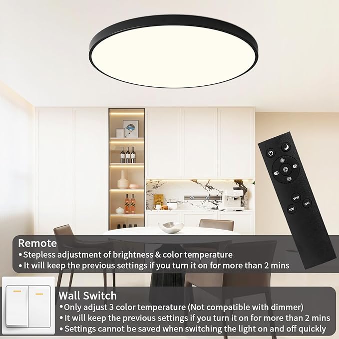 24 Inch Flush Mount Ceiling Light Fixture, Dimmable with Remote, 3000K-6500K Adjustable Color, 48W 4800Lm Ultra Thin Modern Round LED Ceiling Light, Black for Bedroom, Kitchen, Living Room