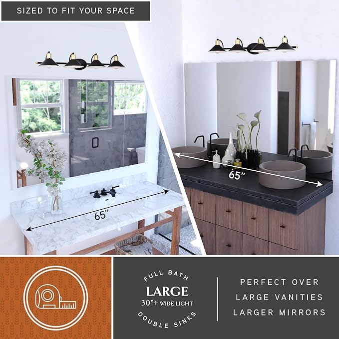 VAXCEL Akron 4-Light 38 inch Wide Matte Black and Natural Brass Industrial Bathroom Vanity Lighting Fixture, Metal Shade, Dimmable, LED Compatible, Over The Mirror Mounted Steel Wall Sconce
