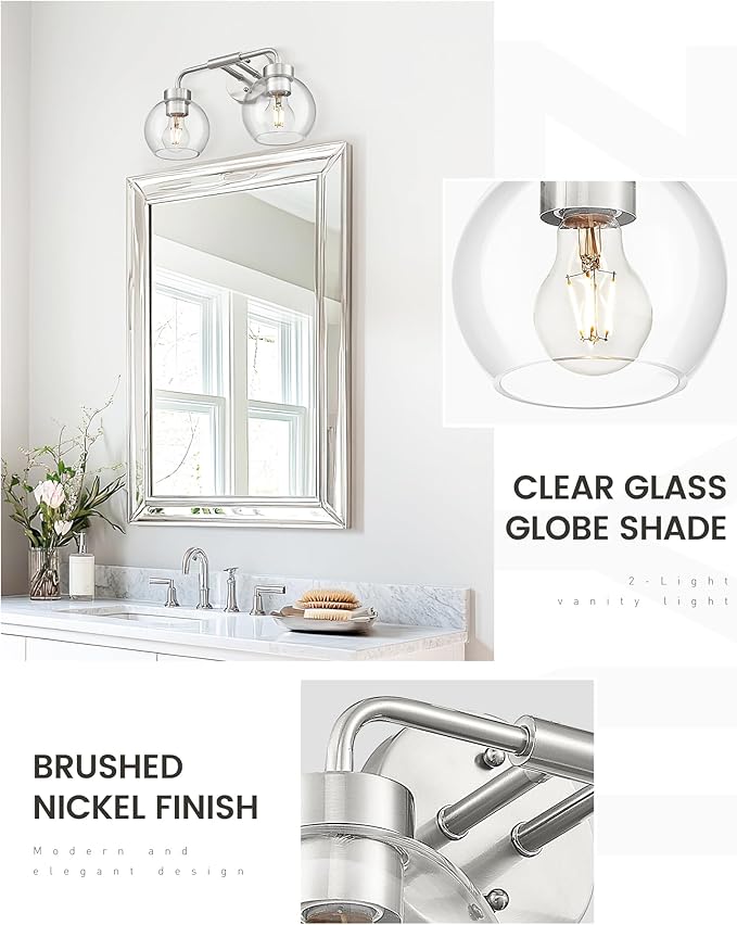 zeyu Modern Bathroom Vanity Lamp, Globe Vanity Light for Bathroom, 2-Light Wall Mirror Light, Brushed Nickel Finish with Clear Glass Shade, ZS62BG-2W BN