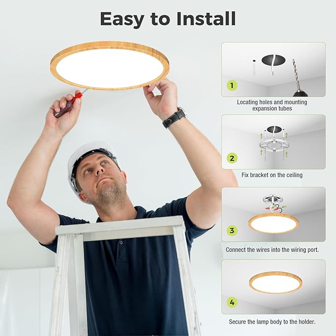 hepside 1Pack LED Flush Mount Ceiling Light Fixture, 12Inch 24W, Dimmable&3000K/3500K/4000K/5000K/6500K Adjustable Low Profile Ceiling Lights, Round Flat Ceiling Light for Closet,Kitchen,Hallway-Wood