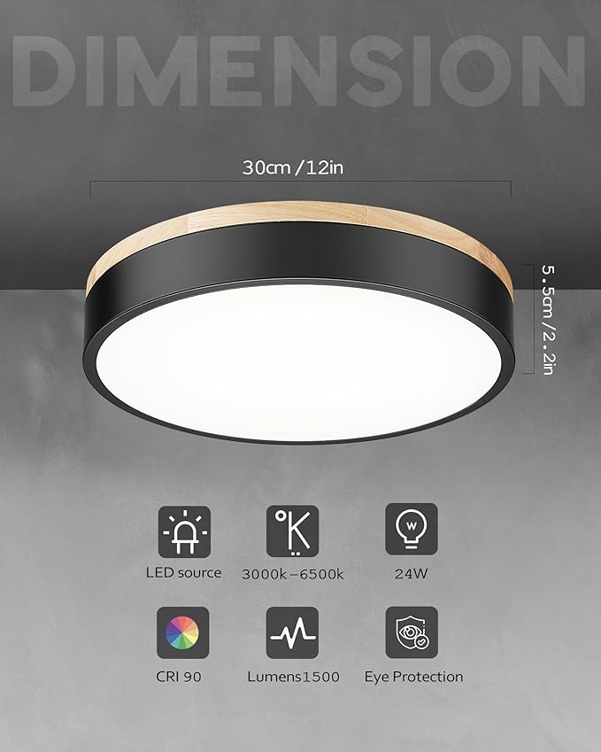 Ken & Ricky Flush Mount Ceiling Light, Dimmable Led Close to Ceiling Light Fixtures for Kitchen Bathroom Bedroom Hallway 5cct (Light Wood, 12 Inch)