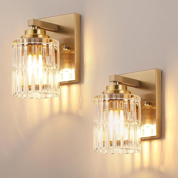 TALOYA 4 Inch Bathroom Light Fixtures,Modern,Set of 2 Light Brushed Gold Vanity Lights with Wide Vertical Ribbed Thickened Glass Shade for Mirror Makeup Room Hallway（Bulbs Not Included）