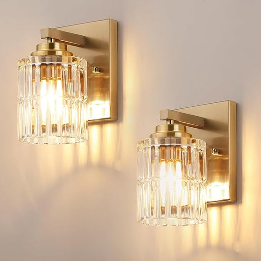 TALOYA 4 Inch Bathroom Light Fixtures,Modern,Set of 2 Light Brushed Gold Vanity Lights with Wide Vertical Ribbed Thickened Glass Shade for Mirror Makeup Room Hallway（Bulbs Not Included）