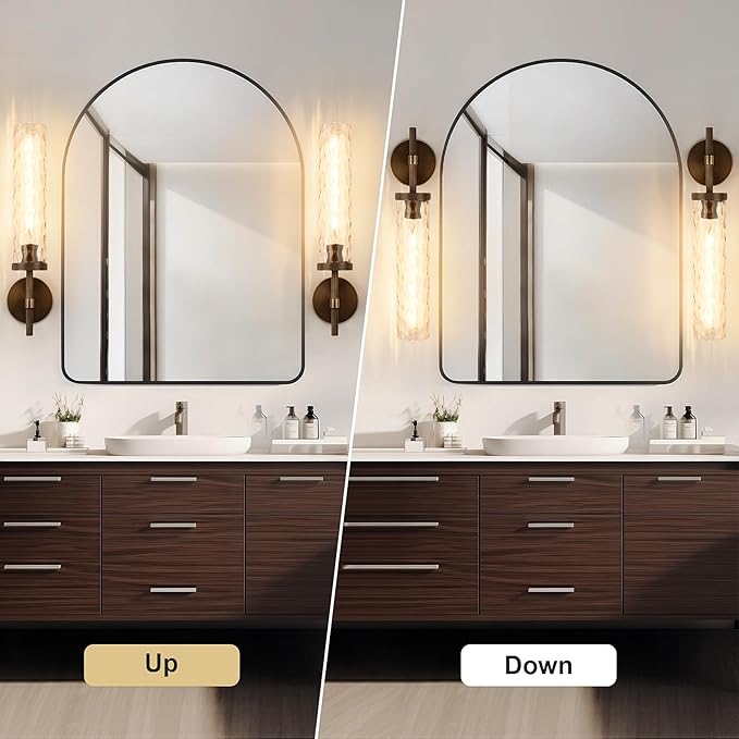 19.5" Knurled Brass Wall Sconce with Water Ripples Glass Tube, Bronze Bathroom Vanity Light Fixtures, Modern Lamp Lighting for Bedroom, Living Room, Hallway, Staircase, Mirror, Kitchen