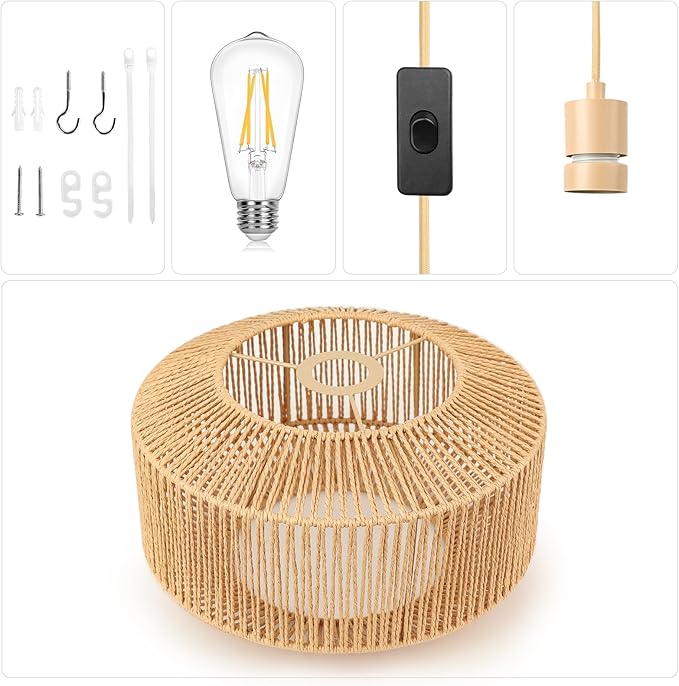 Qingmiao Boho Plug in Pendant Light, Rattan Hanging Lamp Plug in with Woven Shade, 3-Way Dimmable Hanging Light Fixture for Living Room Bedroom Kitchen Ceiling Farmhouse Home Decor