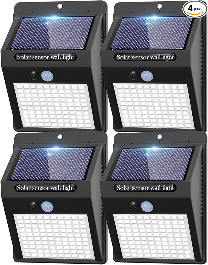 4 Pack Solar Motion Lights Outdoor, 3 Modes/100LED Solar Security Wall Lights Outdoor Wireless IP65 Waterproof for Front Door, Backyard, Garage, Deck