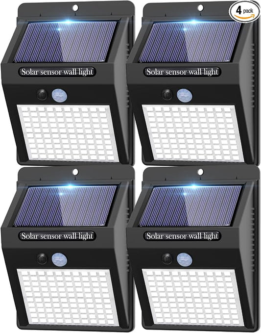 4 Pack Solar Motion Lights Outdoor, 3 Modes/100LED Solar Security Wall Lights Outdoor Wireless IP65 Waterproof for Front Door, Backyard, Garage, Deck