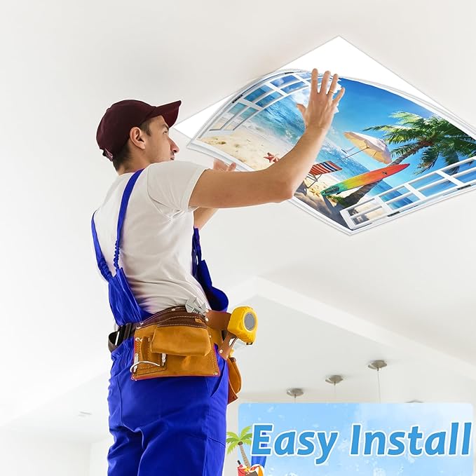 8 Pcs Summer Beach Fluorescent Light Covers for Classroom Ceiling Light 4 x 2 Feet Magnetic Lights Cover Filter Easy Install for Back to School Office Hospital Ceiling Supply (Windows Seascape)