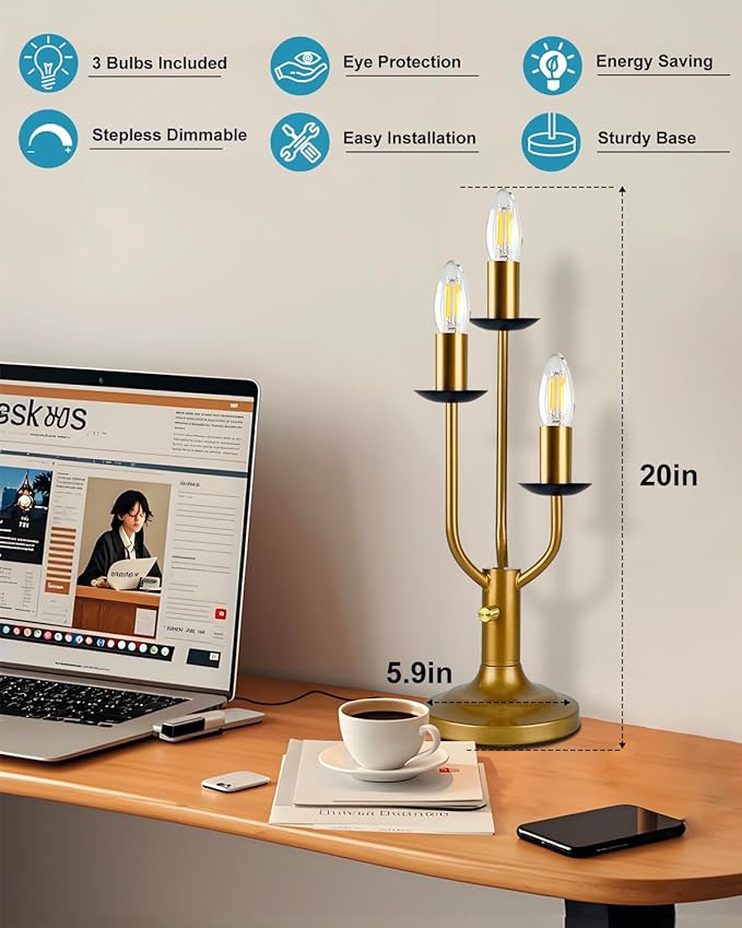 Lightdot Vintage Candle Table Lamp 3 - Light Candelabra Desk Lamp for Wedding/Party, 3000K Warm White Mid Century Nightstand Lamp Dimmable Bedside Lamps for Bedroom/Dining - Gold