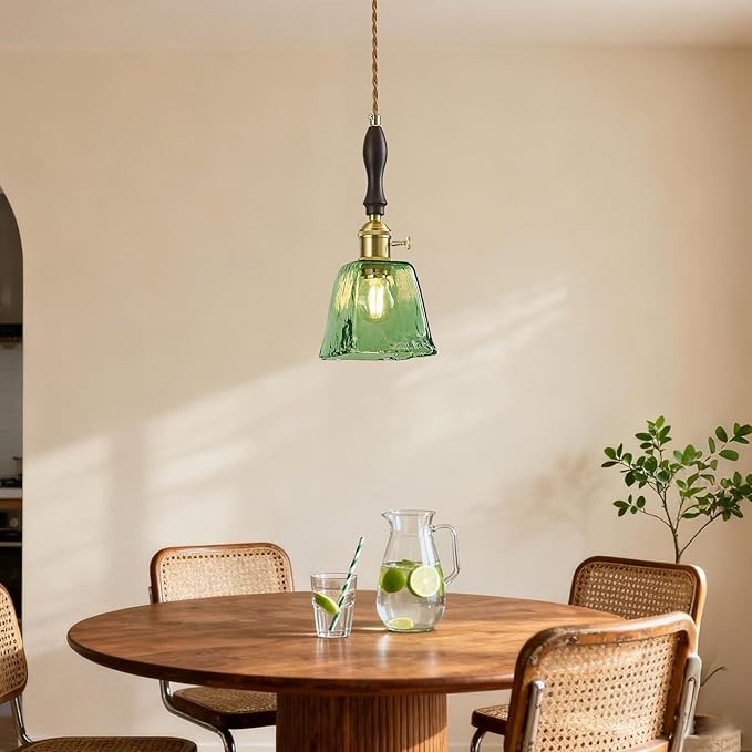 Green Glass Vintage Pendant Light Height Adjustable Handmade Glass Pendant Lights Kitchen Island Gold Hanging Light Fixture with Wood Handle for Bedroom Dining Room Hotel (1 Pack)