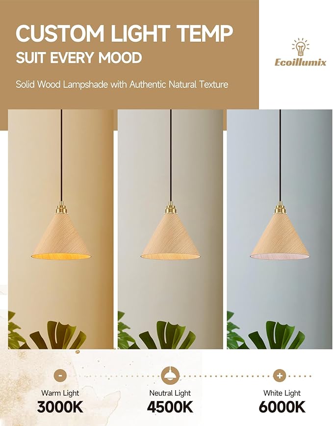 3 Pack Pendant Lights Kitchen Island, 8.3” Modern Pendant Light, Adjustable Height Wood Hanging Light, Kitchen Island Light fixtures for Dining Room, Bedroom, Hallway, Bar(Natural Wood)