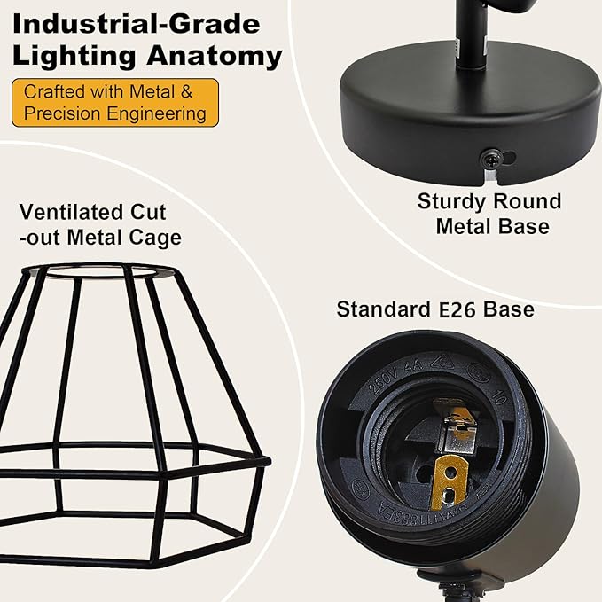 HiBay LED Track Lighting Fixture, 1-Light Adjustable Spot Light Ceiling Wall Mount, Black Geometric Metal Cage Industrial Spotlight Indoor for Kitchen, Dining, Bedroom, E26 Base (Bulb Not Included)