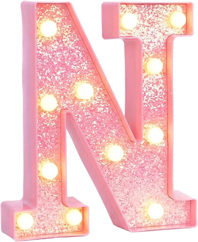 Pink Marquee Light Up Letters, Glitter Alphabet LED Letter Lights for Pink Birthday Party Decorations, Battery Operated Letter Sign for Girls Room Vanity Table Decor, Warm White Lights Letter N