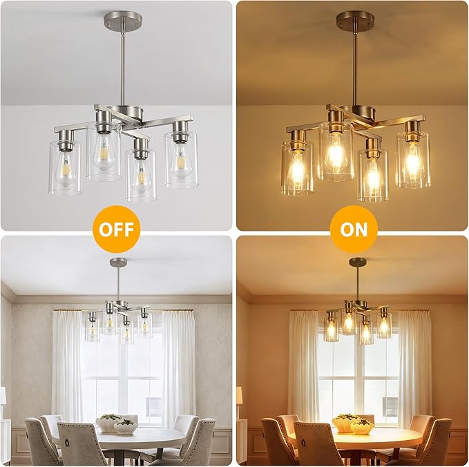 4-Light Brushed Nickel Dining Room Light Fixture, Modern Industrial Kitchen Chandelier Over Table, Adjustable Height Hanging Pendant Light for Kitchen Island, Entryway with Clear Glass Shade