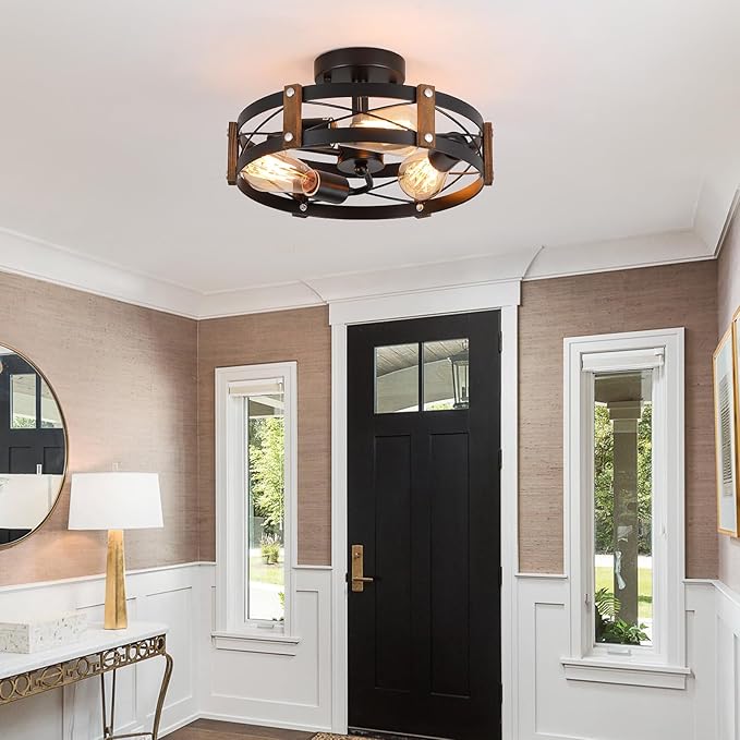 3-Light Rustic Farmhouse Wood Flush Mount Ceiling Light Fixture 13.6 inch Oak Wood and Metal Round Cage Semi Flush Mount Ceiling Light for Hallway Hall Entry Bedroom Kitchen Farmhouse, Black