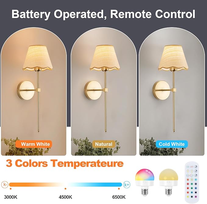 ADISUN Battery Operated Wall Sconce Set of 2, Gold Wall Lamps Rechargeable Bulbs for Living Room, Rattan Shade Wireless Wall Lights for Bedroom Living Room Hallway Kitchen(2 Bulbs Included)