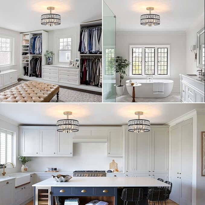 Crystal Ceiling Light Fixture, 12.6" Black and Rose Gold Semi Flush Mount Ceiling Light Fixture 3 Lights Modern Drum Round Crystal Chandeliers for Entryway Kitchen Hallway Bedroom Living Room