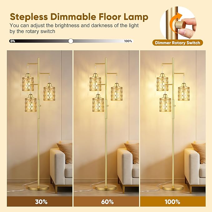 QiMH Gold Industrial Floor Lamps for Living Room, Modern Standing Lamp with Stepless Dimmable, 68" Tall Lamps for Bedroom Home Office, 3 LED Bulbs Included