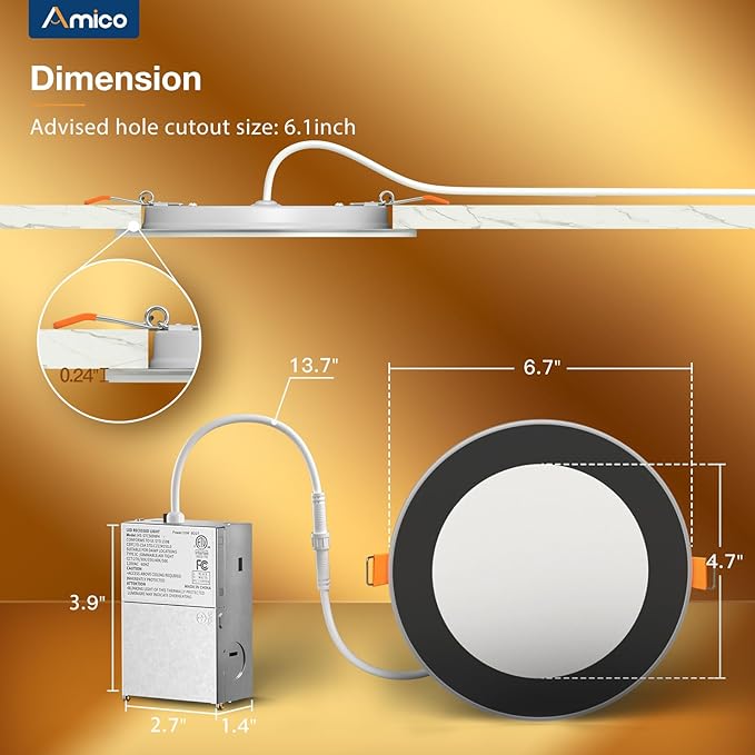 Amico 24 Pack Black Trim 6 Inch 5CCT LED Recessed Ceiling Light with Night Light, 2700K-5000K Selectable Ultra-Thin Recessed Lighting, 12W=110W, 1100LM, Dimmable Canless Wafer Downlight ETL&FCC