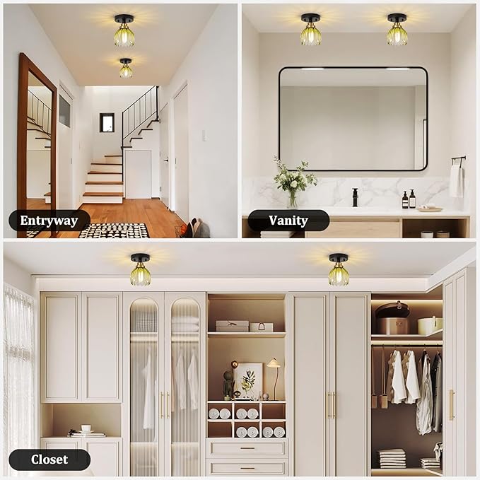 TALOYA Semi Flush Mount Ceiling Light,2 Pack Close to Ceiling Light Fixtures with Green Tulip Glass Shades Modern Farmhouse Lighting Fixtures for Hallway Corridor Kitchen Bathroom Bedroom Passway