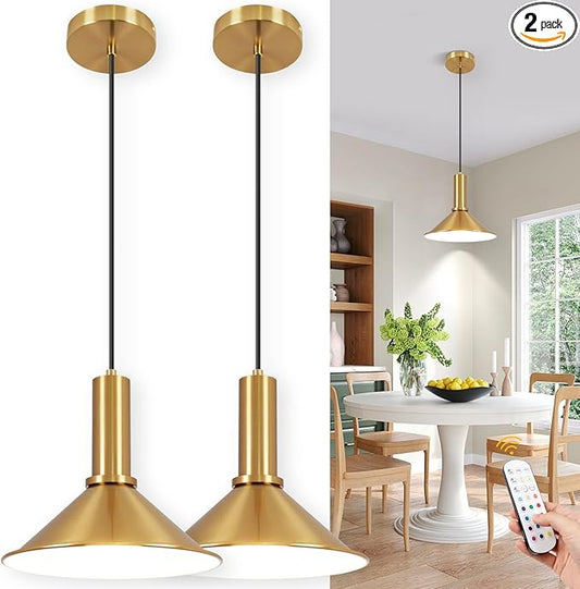 Battery Operated Pendant Lights 2 Pack,Rechargeable Pendant Light with Remote,Gold Pendant Light Fixtures for Kitchen island,Modern Industrial hanging Lights for Dining Room Hallway Entryway Bedroom