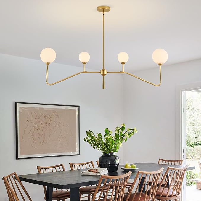 Modern Linear Chandelier for Dining Room,Glass Globe Kitchen Island Light, Mid-Century Sputnik Ceiling Light Fixture with Brushed Gold Finish & Milk Glass Shades, Adjustable Rod Hanging Lighting
