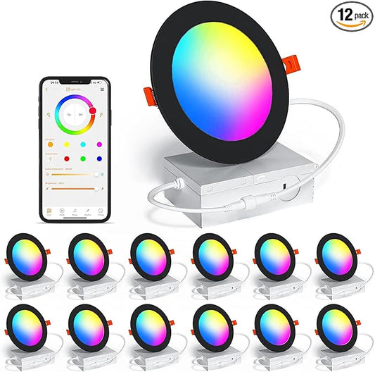 Smart Recessed Lighting 4 Inch RGBCW Color Changing 12W Black Recessed Ceiling Light with Junction Box,1080LM Canless LED Downlight Compatible with Alexa,Dimmable by Bluetooth Control -12Pack