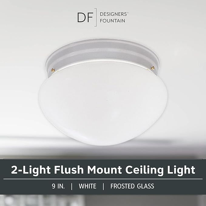DESIGNERS FOUNTAIN 2-Lights Flush Mount Ceiling Light, 9 Inch Lighting Fixture for Kitchen, Bedroom, Bathroom, and Hallway, Frosted White Glass, White, 4732-WH