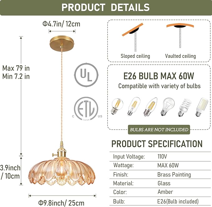 Pendant Lights Kitchen Island,Amber Glass Vintage Light Fixtures,9.8inch E26 Adjustable Hanging Light Flower Finish Ceiling Hanging Lamp for Bedroom Living Room Hallway 1 Light