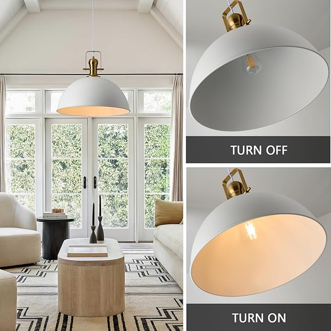 12 Inch Sandy White Farmhouse Pendant Lights for Kitchen Island Industrial Adjustable Height Vintage Dome Hanging Light Fixtures for Barn,Dining Room 3 Packs