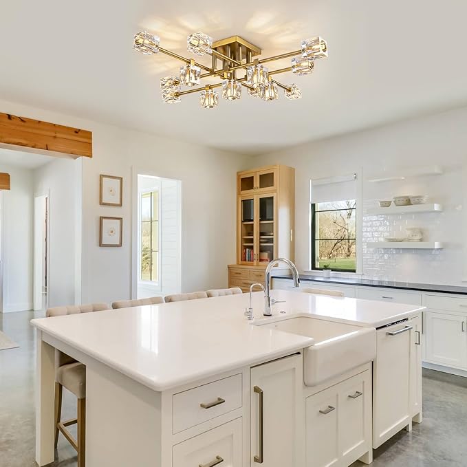 Modern Ceiling Light Fixture with 13-Lights,Gold Semi Flush Mount Ceiling Light,Crystal Sputnik Chandeleirs,Modern Ceiling Lights for Living Room,Dining Room,Kitchen Island,Bedroom