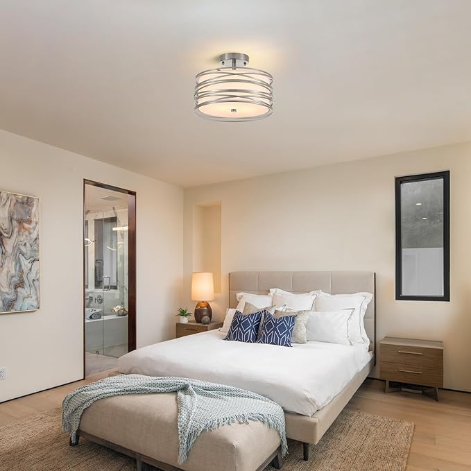Drum Semi Flush Mount Ceiling Light Fixture, Chrome Matal & Linen Fabric Shade Ceiling Light, Modern Farmhouse Close to Ceiling Light for Bedroom, Hallway, Entryway, Dining Room, Laundry Room
